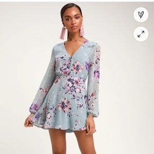 Always Yours Light Blue Floral Print Long Sleeve Skater Dress